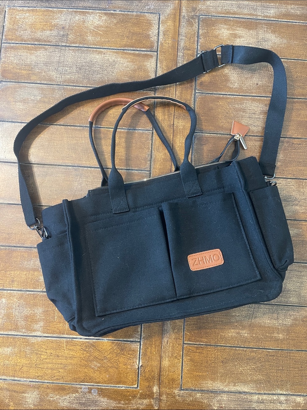 Black Canvas Messenger Bag with Leather Accents